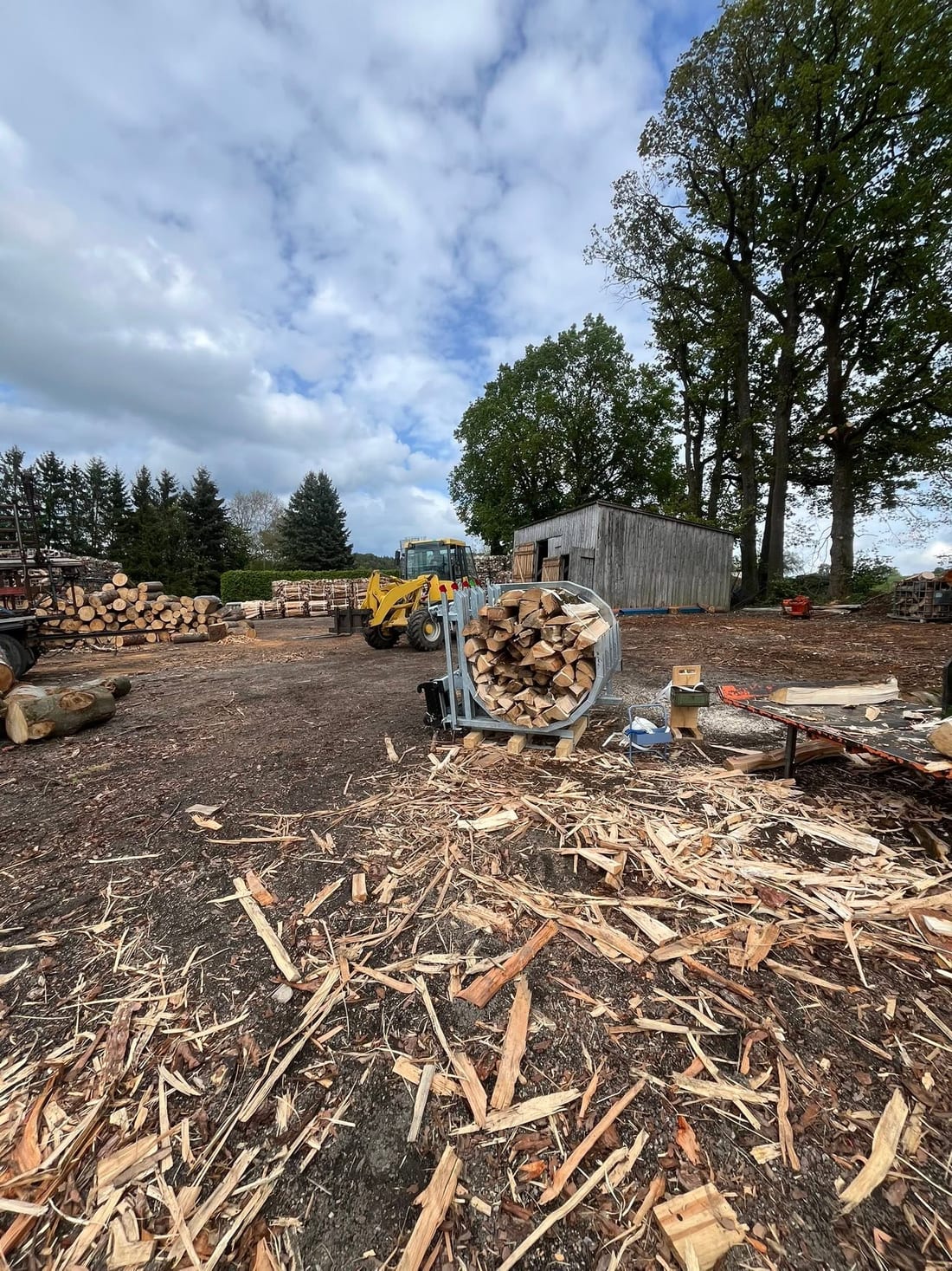 Der Holzplatz mit Sägespänen und Radlader